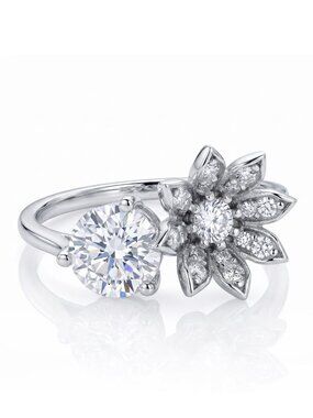 Flower Ring with Round clear gemstone, 925 Sterling Silver
